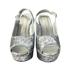Girls Size 1 Heels Silver Glitter Platform Wedge Party Y2K Wedding Flower Girl